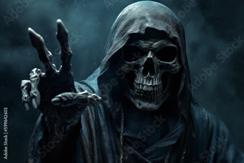 A grim reaper holding out his hand V sign in horrible background with mist Generative AI photo