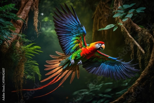 parrot jumping from tree branch to tree branch in jungle, created with generative ai