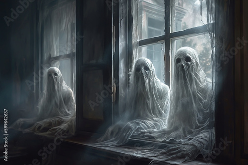 A ghost in white cloth with creepy eyes in horrible background with mist Generative AI.