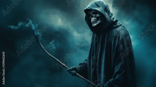 A grim reaper holding out his hand in horrible background with mist Generative AI