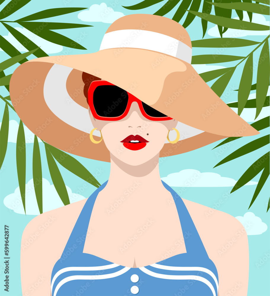 1378_Beatiful woman wearing large sun hat, sunglasses and fashionable summer dress