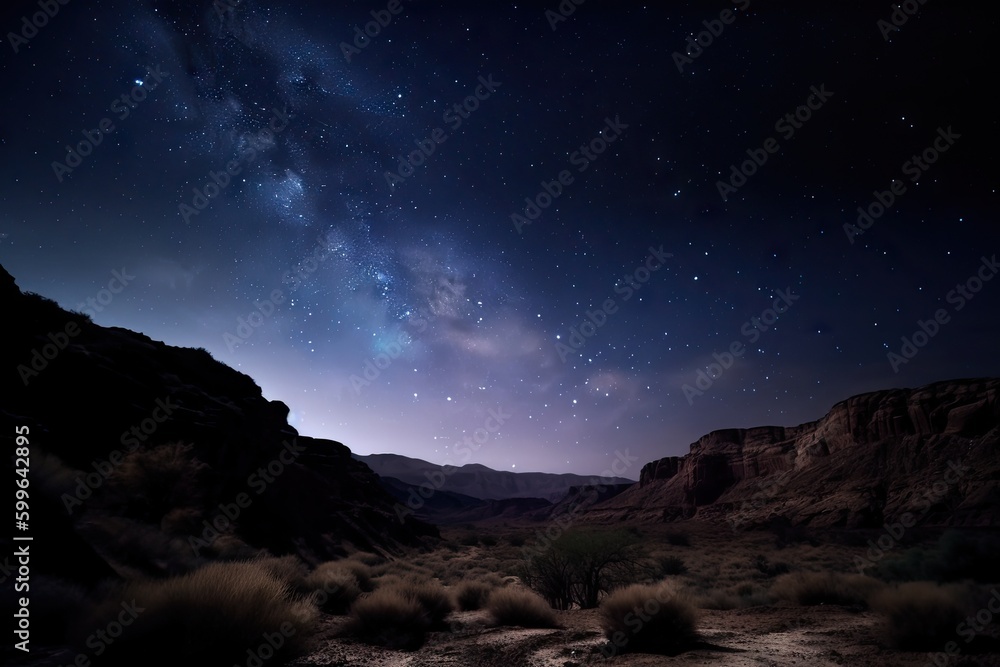 night sky with stars and moon over desert canyon, silhouetting the cliffs, created with generative ai
