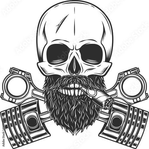 Biker skull with beard and mustache smoking cigar or cigarette and crossed engine pistons service repair motorcycle, car and truck business in vintage monochrome isolated illustration
