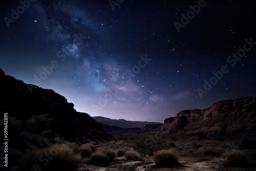 night sky with stars and moon over desert canyon, silhouetting the cliffs, created with generative ai