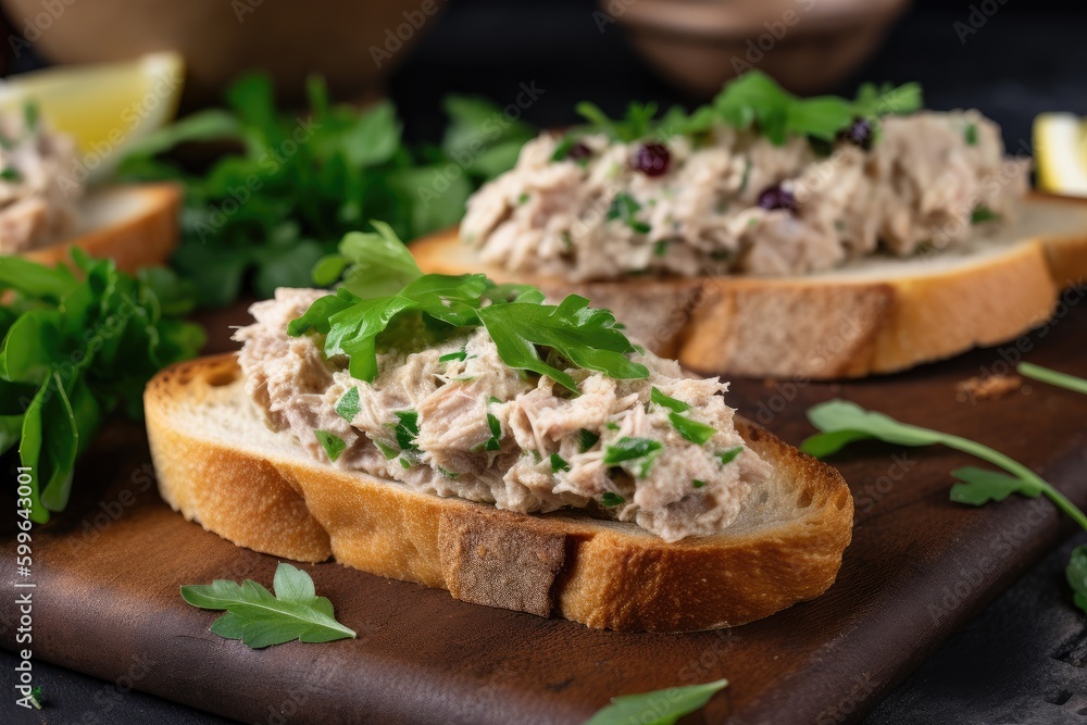 tuna salad sandwich on toasted slice of baguette, garnished with fresh herbs, created with generative ai tuna salad sandwich on toasted slice of baguette, garnished with fresh herbs, created with generative ai