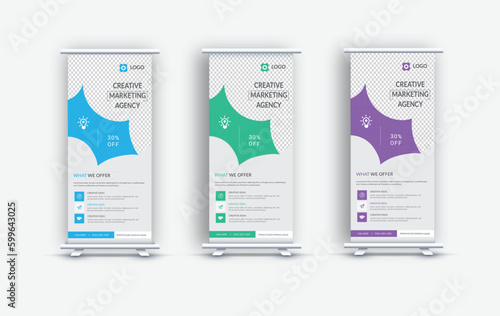 Creative Colorful Stylish corporate roll up banner design in curve shape layout, geometric triangle and exhibition ads pull up design x-banner design template photo