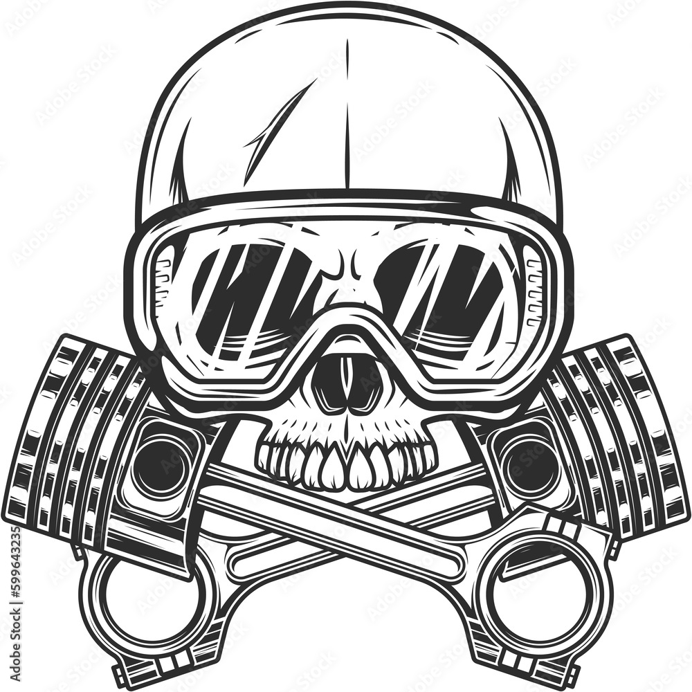 Biker skull without jaw in safety glasses with crossed engine pistons service repair motorcycle, car and truck business in vintage monochrome isolated illustration Biker skull without jaw in safety glasses with crossed engine pistons service repair motorcycle, car and truck business in vintage monochrome isolated illustration