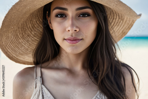 Portrait of the smiling happy young woman dressed in a light dress, fluttering in the wind and a straw hat relaxing and enjoying at the beautiful tropical white sand beach at early morning. Generative
