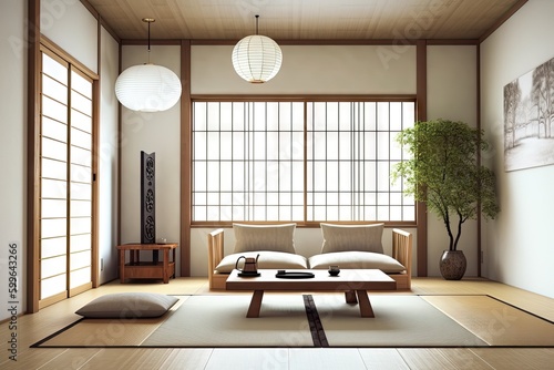 japanese style living room with minimalist decor and traditional furnishings, created with generative ai