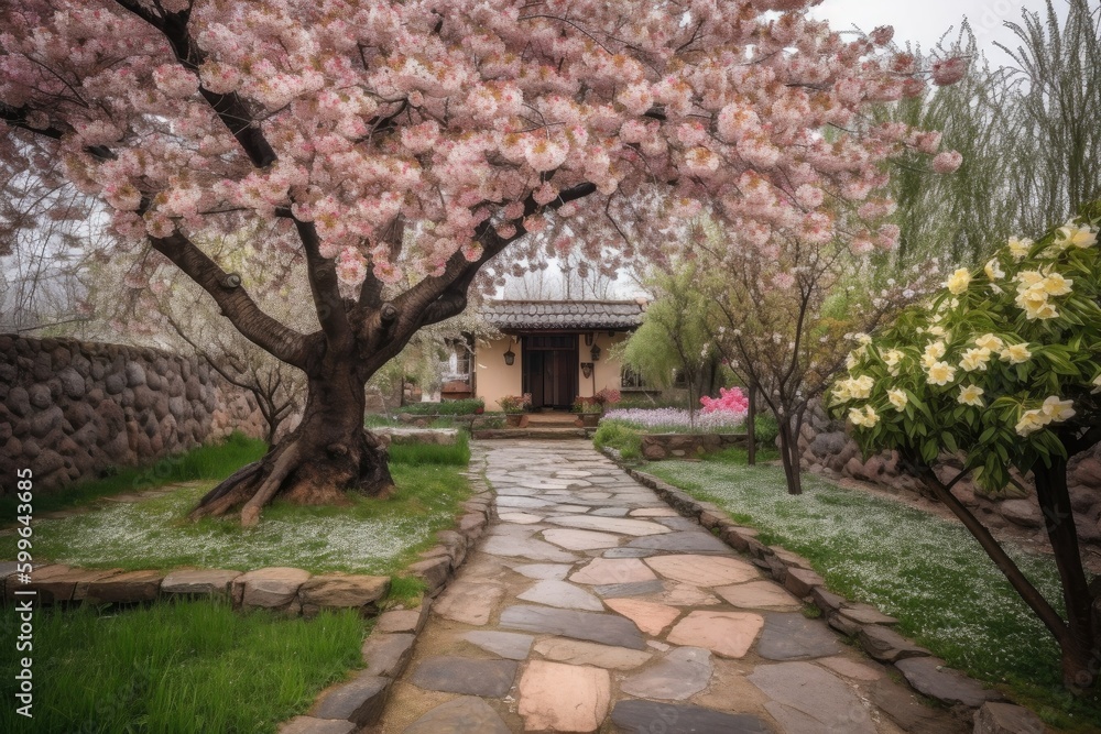 blossoming cherry tree in garden with colorful blooms and stone pathway, created with generative ai blossoming cherry tree in garden with colorful blooms and stone pathway, created with generative ai