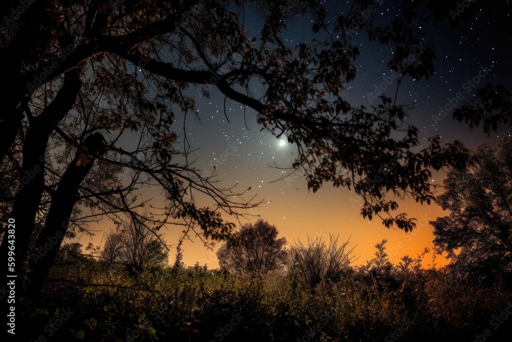 harvest moon, with silhouette of trees against starry sky, created with generative ai