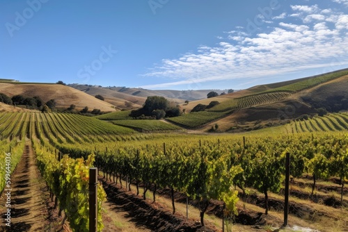 vineyard with rows of grape vines and rolling hills in the background  created with generative ai