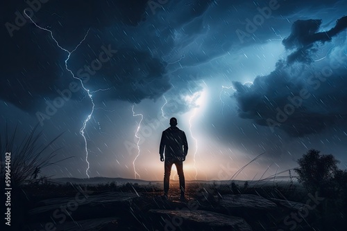 person, standing in the middle of stormy night, with lightning striking all around, created with generative ai