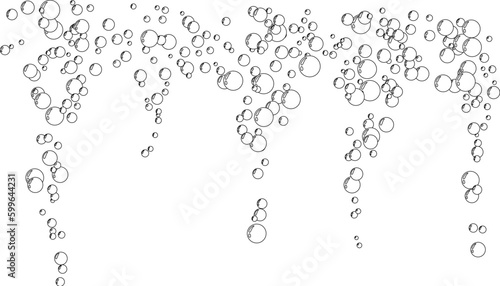 Underwater air bubbles  decoration elements. Fizzy water or soap foam texture. Vector isolated outline design element. Horizontal top border with streams