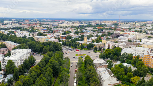 Russia, Yaroslavl - August 13, 2020: Flight over the city. Red descent, Volga River Embankment, Aerial View