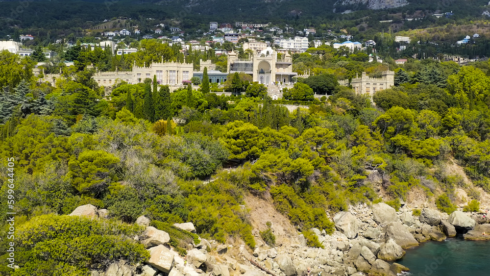 Alupka, Crimea - September 8, 2020: Vorontsov Palace. 19th century Gothic mansion with well-preserved halls and a picturesque 40 hectare park. The palace was built from 1828 to 1848, Aerial View