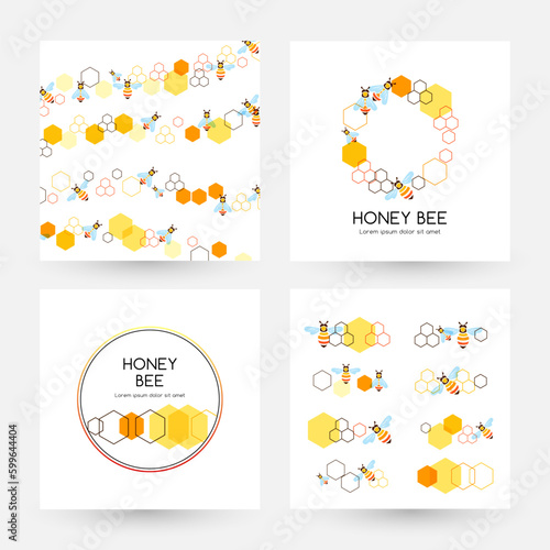 Honeycombs and bee. Design collection. Vector illustration