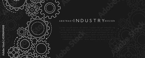 Technology abstract background from gearwheels composition. Horizontal dark banner for teamwork, industrial, communication or automation conceptual design.