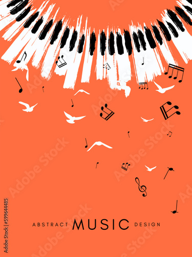 Piano concert poster. Music conceptual illustration. Abstract style coral background with hand drawn piano keyboard and flying notes and birds.