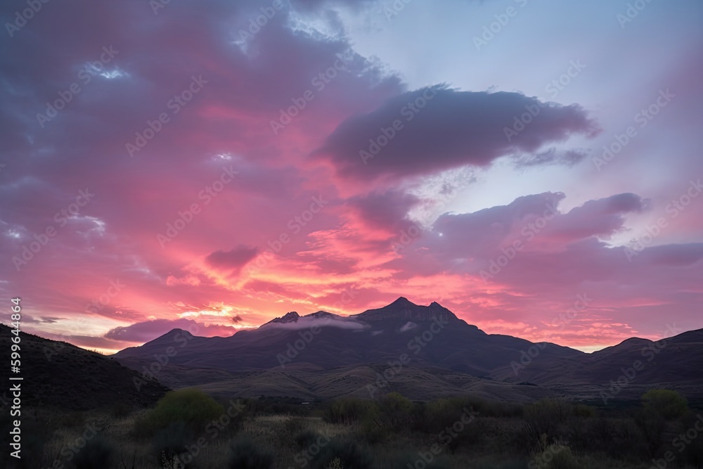 scenic view of sun setting behind a mountain range, with clouds and sky turning pink, created with generative ai