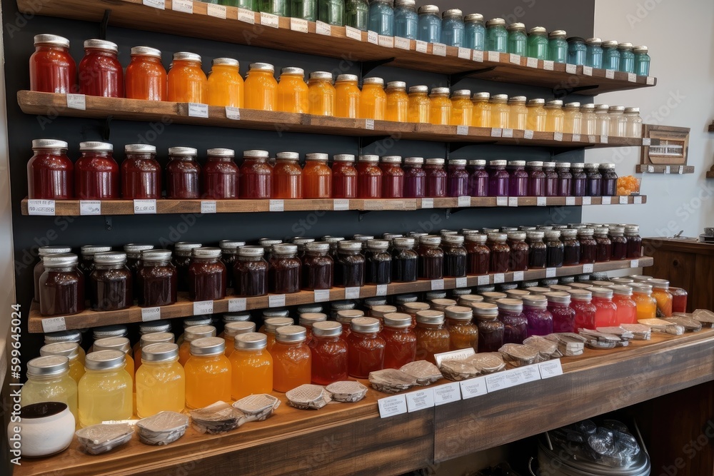 shelf with jars of jams, jellies, and preserves in variety of flavors and colors, created with generative ai