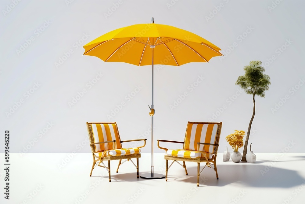 Two Wooden Chairs and Yellow Umbrella Outside on Wall Background. Generative ai