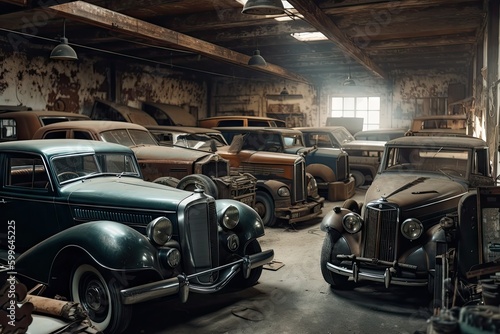 old garage with vintage cars and trucks in various states of repair, created with generative ai