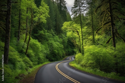 scenic highway winding through dense forest, with glimpses of the sky above, created with generative ai