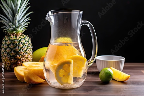 glass pitcher filled with tropical fruit-infused water and garnished with pineapple wedges, created with generative ai