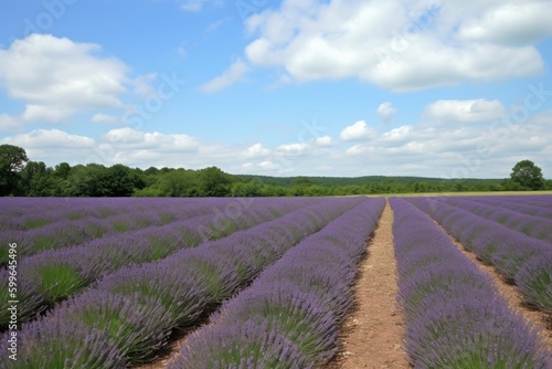 field of lavender in full bloom, with rows of blooms and clear blue sky, created with generative ai