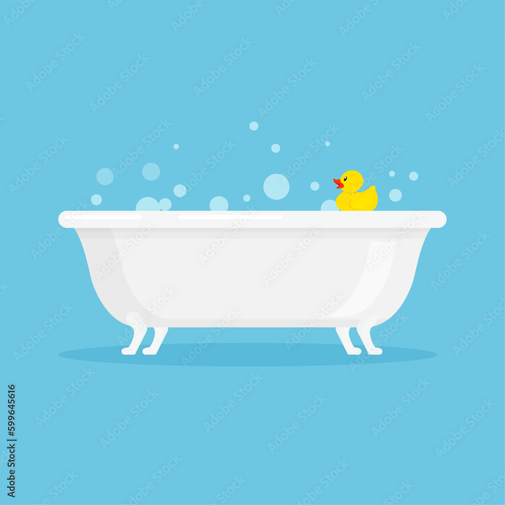 White ceramic bath with foam bubbles and yellow rubber duck. Vector illustration in trendy flat style isolated on blue background. - obrazy, fototapety, plakaty 