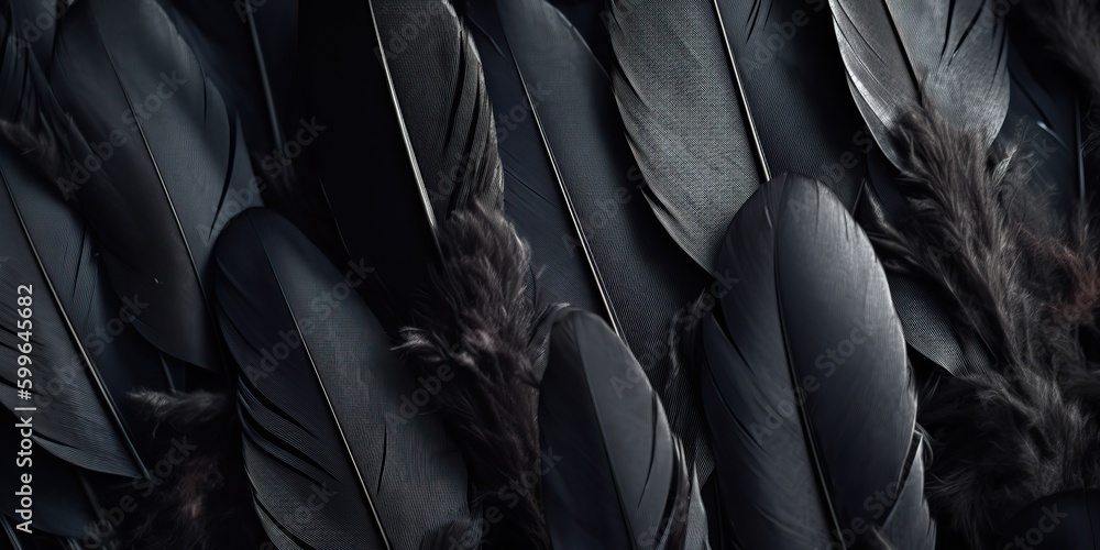 AI Generated. AI Generative. Photo realistic black feathers pattern background texture. Ellegant aesthetics luxury vibe. Graphic Art