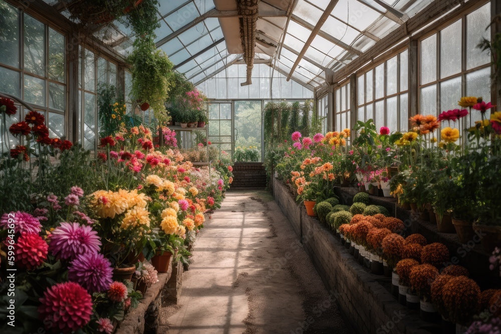 greenhouse filled with colorful blooms and greenery, created with generative ai