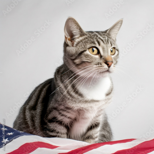 Cat with the American flag. Generative AI.