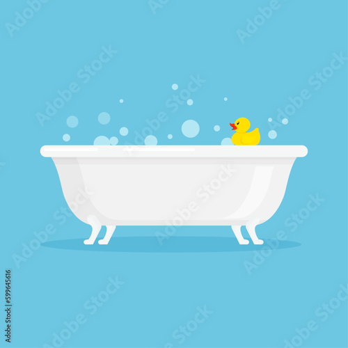 Fotomurale White ceramic bath with foam bubbles and yellow rubber duck