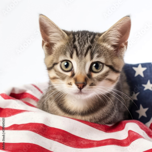 Cute kitten with the US flag. Generative AI. © OPPERMAN