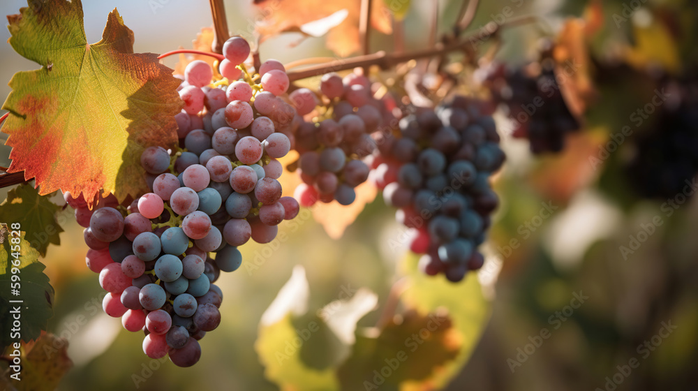 Vineyard in october. Bunches of grapes on branches. Close up, AI Generative