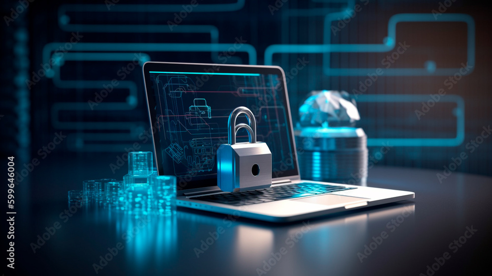Cyber online security with high-tech padlock protecting a laptop computer on a desk. Generative AI Cyber online security with high-tech padlock protecting a laptop computer on a desk. Generative AI