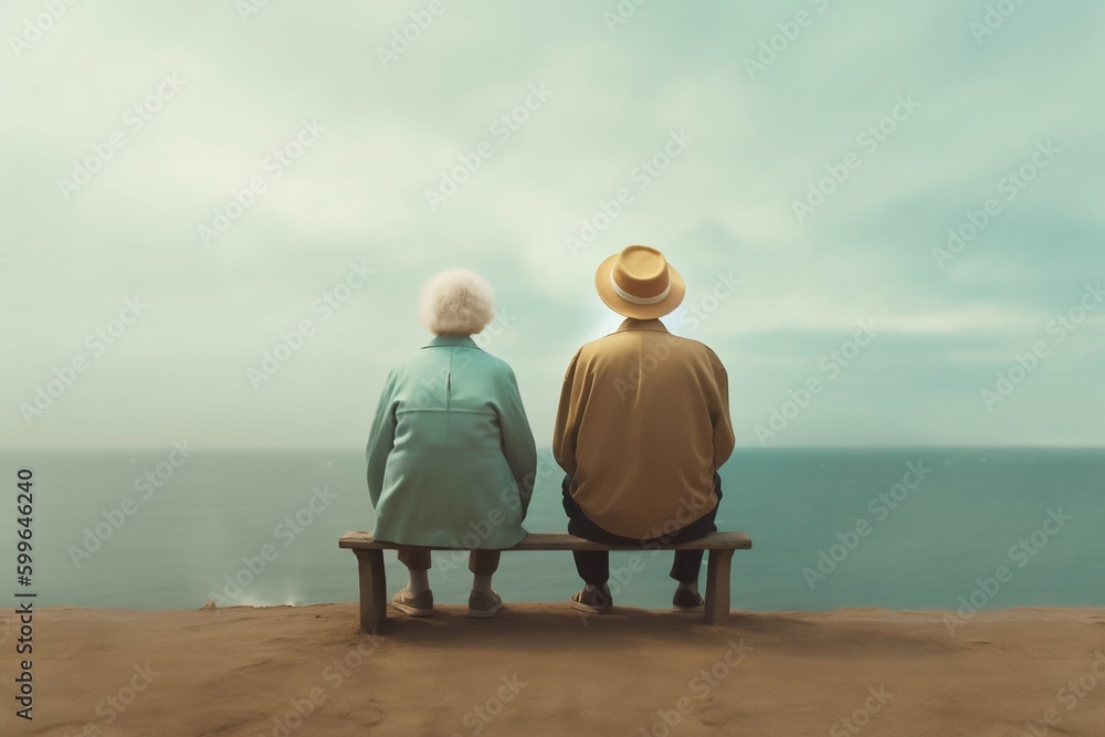 Elderly Couple Watching the Ocean on Beach Sand. Generative ai