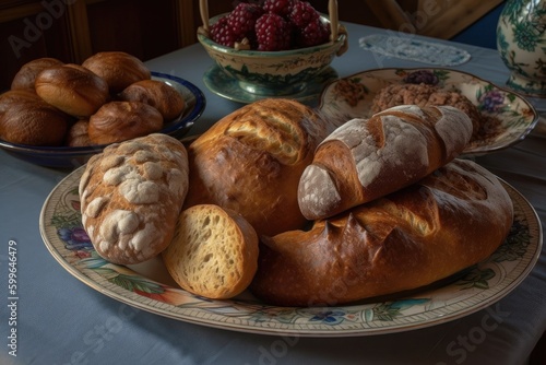 plate of crusty loaves, each with unique shape and texture, created with generative ai