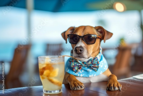 Funny Dog Drinking Cocktails at Beach Bar with Ocean View Background. Generative ai © Scrudje