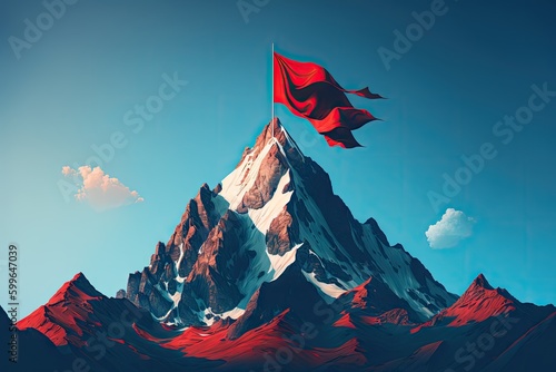 view of a mountain peak with red flag and blue sky, on a sunny day, created with generative ai