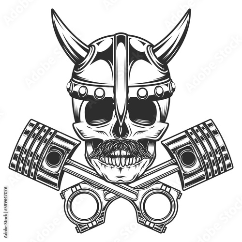Biker motorcyclist skull with mustache in horned viking helmet with crossed engine pistons service repair motorcycle, car and truck business in vintage monochrome isolated vector illustration