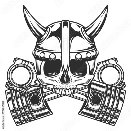 Biker skull without jaw in horned viking helmet with crossed engine pistons service repair motorcycle, car and truck business in vintage monochrome isolated vector illustration