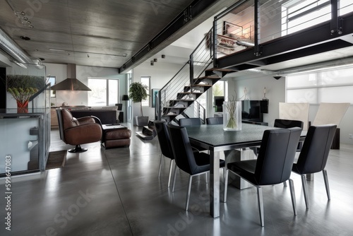 industrial home, with sleek and modern interior design, featuring sleek furniture, metal accents and pops of color, created with generative ai