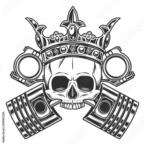 King biker skull in crown without jaw and crossed engine pistons service repair motorcycle, car and truck business in vintage monochrome isolated vector illustration