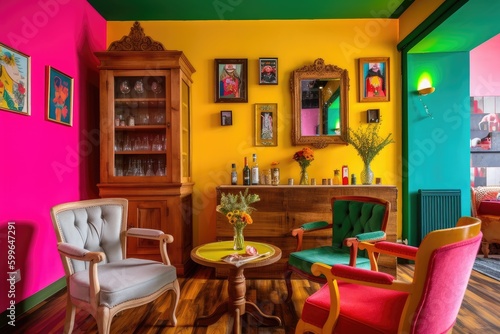 brightly colored walls and vintage furniture in lofi interior  created with generative ai