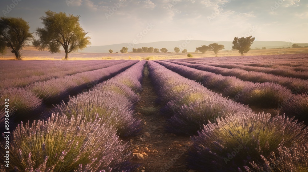 a lavender field with trees in the distance