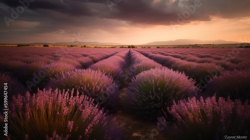 a field of lavender flowers under a cloudy sky