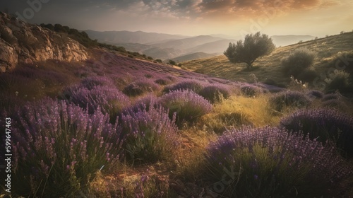 a field of lavender flowers with a mountain in the background © PixelHub